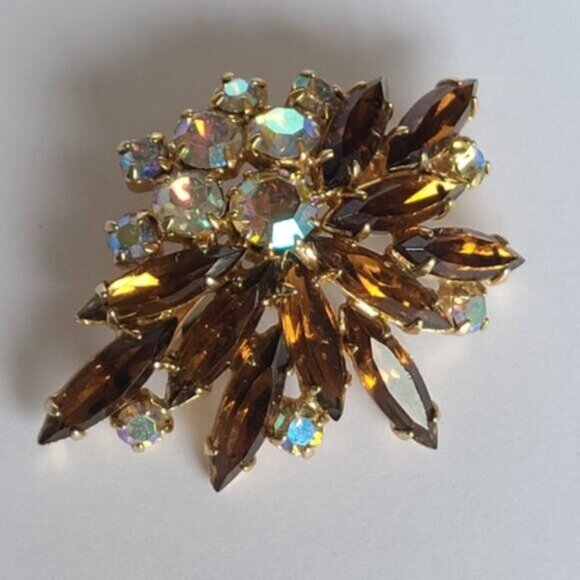 Vintage Aurora Borealis Amber Gold Tone Brown Crystal Cluster Brooch - Picture 6 of 8